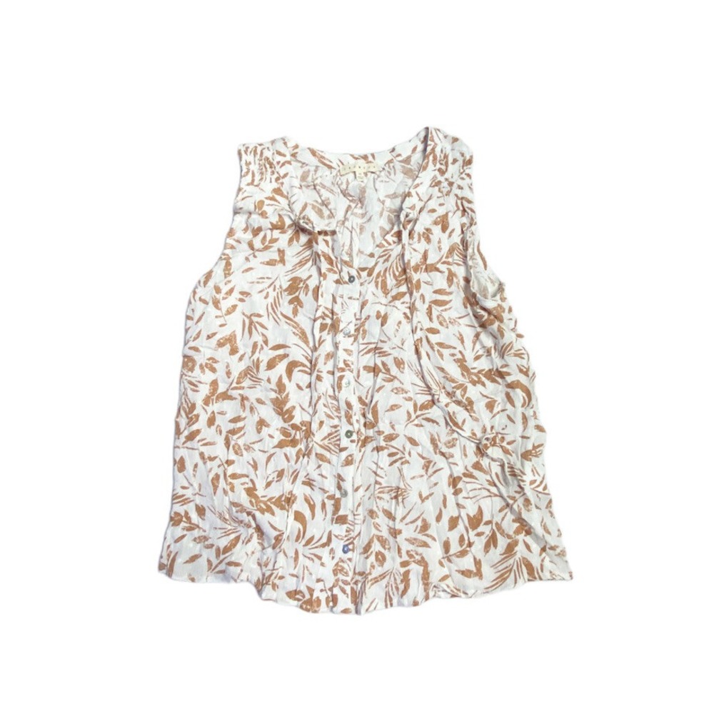 Promesa Women's M Floral Sleeveless Blouse White Mustard Yellow V-Neck Top